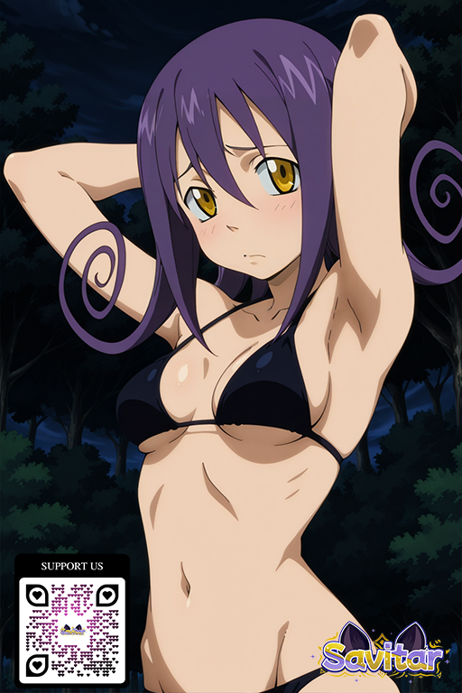 ai_generated armpits arms_behind_head arms_up bikini black_bikini black_swimsuit blair_(soul_eater) blush breasts cleavage closed_mouth clothing copyright_name female forest groin hair_between_eyes large_breasts littlehentai long_hair looking_at_viewer medium_breasts nature navel night outdoors purple_hair savitar savitar_(artist) sky small_breasts solo soul_eater stomach swimsuit tree underboob yellow_eyes