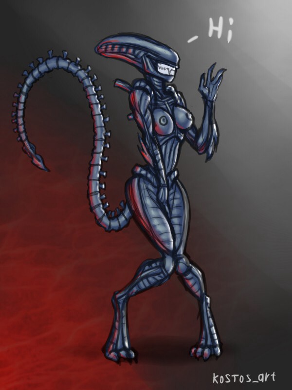1girls, 2d, alien, alien (franchise), alien girl, alien humanoid, breasts, covering crotch, covering pussy, covering self, dialogue, digitigrade, english text, exoskeleton, female, female only, female xenomorph, kostos art, medium breasts, monster, monster girl, nipples, posing, pussy, simple background, smile, solo, solo female, text, waving, xenomorph