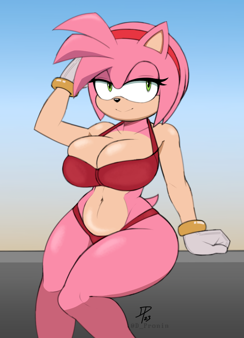 1girls 2d amy_rose big_breasts bikini bra breasts cleavage curvy dpronin female female_only furry_female gloves green_eyes hairband hand_on_head hedgehog_girl mobian_(species) mobian_hedgehog panties pink_fur red_bra red_panties red_underwear sega sitting sky smile solo solo_female sonic_(series) sonic_the_hedgehog_(series) tagme twitter underwear