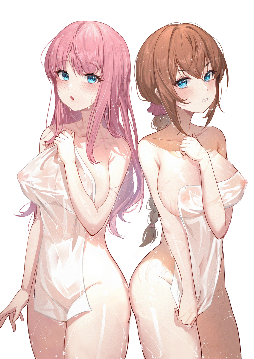 2girls amane_hibiki_(magical_girl_celesphonia) bare_arms bare_back bare_belly bare_breasts bare_hands bare_hips bare_legs bare_shoulder bare_shoulders bare_skin bare_stomach bare_thighs big_boobs big_breasts big_tits blue_eyes blue_eyes_female boobs breasts brown_hair brown_hair_female completely_naked completely_naked_female completely_nude completely_nude_female enishia enishia_and_the_binding_brand eyebrows_visible_through_hair eyelashes_visible_through_hair hair_between_eyes hairless_pussy hourglass_figure huge_boobs huge_breast huge_tits large_boobs large_breasts large_tits long_hair long_hair_female magical_girl_celesphonia massive_boobs massive_breasts massive_tits multiple_girls naked naked_female nipples_visible_through_towel no_bra no_clothes no_clothing no_panties nude nude_female open_mouth pink_eyebrows pink_hair pink_hair_female simple_background tansuan_(ensj3875) tits towel towel_only wet wet_body wet_hair wet_skin white_background