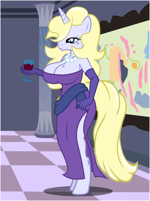 alcohol anthro beauty_mark big_breasts breasts cleavage fanfic:drinks_are_on_us female flashequestria hair_over_one_eye jewerly my_little_pony necklace oc oc_only pearl_necklace solo unguligrade_anthro unicorn vanilla_vodka_(mlp)