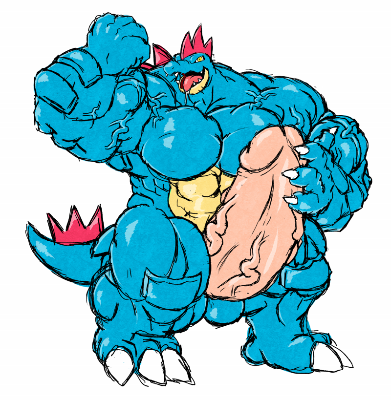 anthro balls erection feraligatr flexing furry huge_cock kinnikudragon looking_at_viewer male male_only muscles nintendo nude open_mouth penis pink_penis plain_background pokemon pose saliva scalie solo standing tongue tongue_out vein video_games white_background yellow_eyes