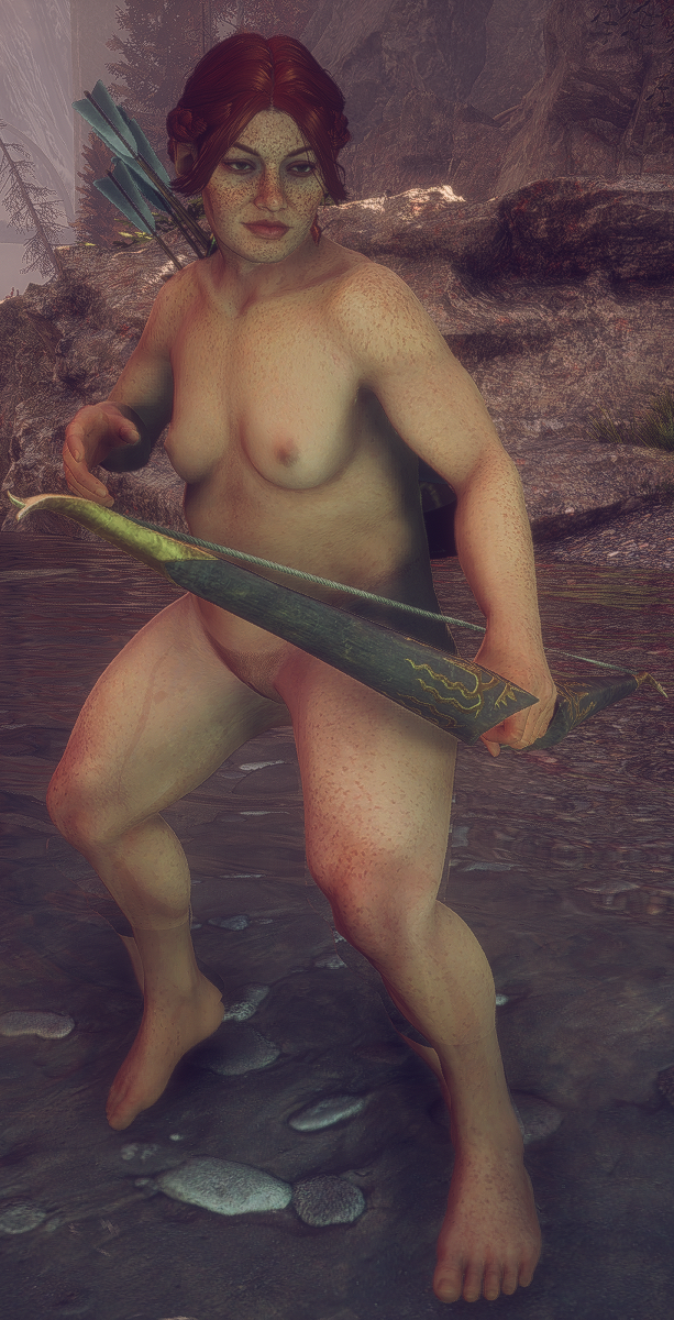 casual chubby dragon_age_the_veilguard dwarf_female feet female freckles freckles_on_face freckles_on_shoulders ginger lace_harding muscular_arms nudist pale_skin thick_thighs weapon