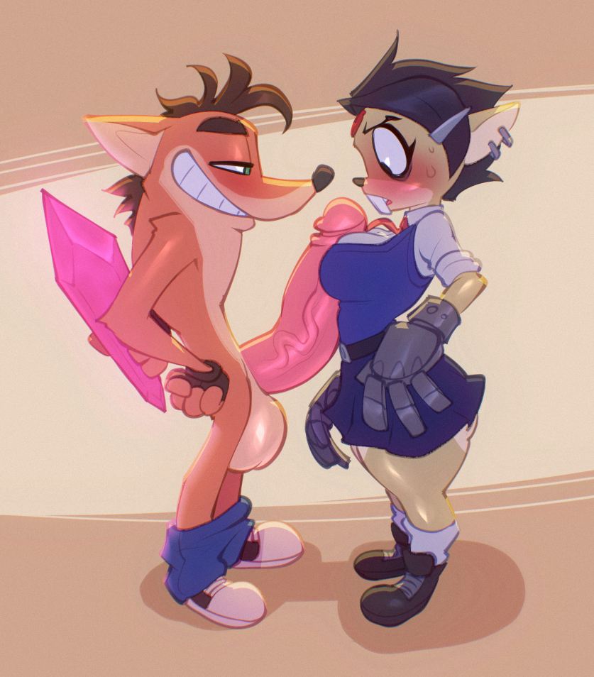 anthro anthro_on_anthro balls bigdad blush blushing clothed_female_nude_male crash_(series) crash_bandicoot crystal female large_penis nina_cortex panties pants_down penis smile