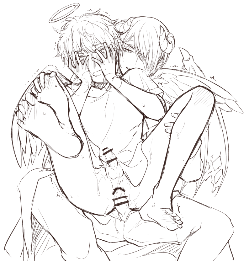 2boys anal anal_sex angel angel_wings bar_censor barefoot blush breath covering_face covering_self demon_boy demon_horns feet from_behind full-face_blush gay gintama gintoki_sakata hair_over_one_eye halo monochrome reverse_upright_straddle sitting_on_lap sitting_on_person small_penis soles takasugi_shinsuke wings yaoi yunfa