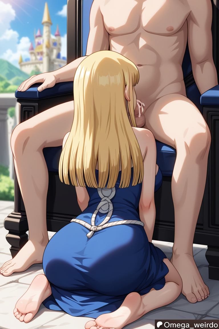 1girl1boy ai_generated blonde_female blonde_hair blowjob blue_dress cum cum_in_mouth cum_inside deepthroat dr.stone dress female kneeling long_hair looking_away looking_away_from_viewer naked_male omega_weirdo patreon ruri_(dr.stone) servicing servicing_from_below sex_slave sitting_on_throne slavegirl submissive submissive_female throne_sex turned_around turned_away