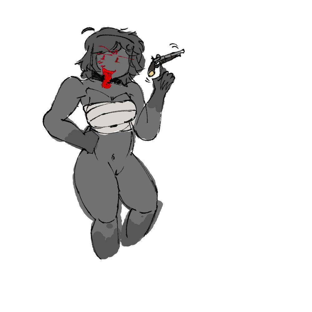 bandage female firearm grey_hair grey_skin guts_&_blackpowder guts_and_blackpowder long_tongue runner_(guts_&_blackpowder) sticking_out_tongue zombie zombie_girl