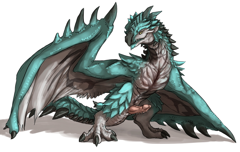 anthro azure_rathalos barbs cyan dragon feral horn looking_at_viewer male male_only monster_hunter penis plain_background rathalos scalie solo spikes spread_toes syrinoth video_games white_background wings wyvern