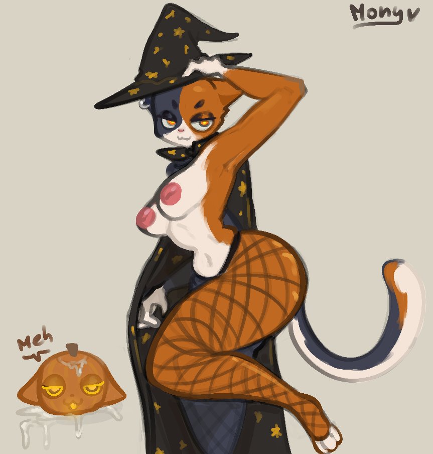 big_ass big_breasts big_thighs fortnite halloween_costume meow_skulls meow_skulls_(fortnite) mony_(artist) pumpkin witch_costume witch_hat