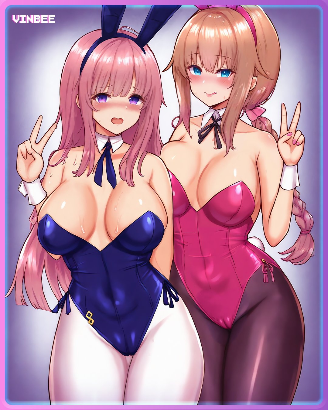 2girls amane_hibiki_(magical_girl_celesphonia) bare_shoulder bare_shoulders big_boobs big_breasts big_tits blue_eyes blue_eyes_female blush blushing blushing_at_viewer blushing_female boobs breasts bunny bunny_costume bunny_ear bunny_ears bunny_girl bunny_suit bunny_tail bunnygirl bunnysuit celesphonia_(magical_girl_celesphonia) enishia enishia_and_the_binding_brand eyebrows_visible_through_hair hourglass_figure hourglass_figured_female huge_boobs huge_breast huge_tits large_boobs large_breasts large_tits licking_lips long_hair long_hair_female looking_at_viewer magical_girl magical_girl_celesphonia massive_boobs massive_breasts massive_tits no_bra open_mouth pantyhose pink_hair pink_hair_female pointy_chin purple_eyes purple_eyes_female simple_background thick_thighs thighs tits v_sign vinbee white_collar