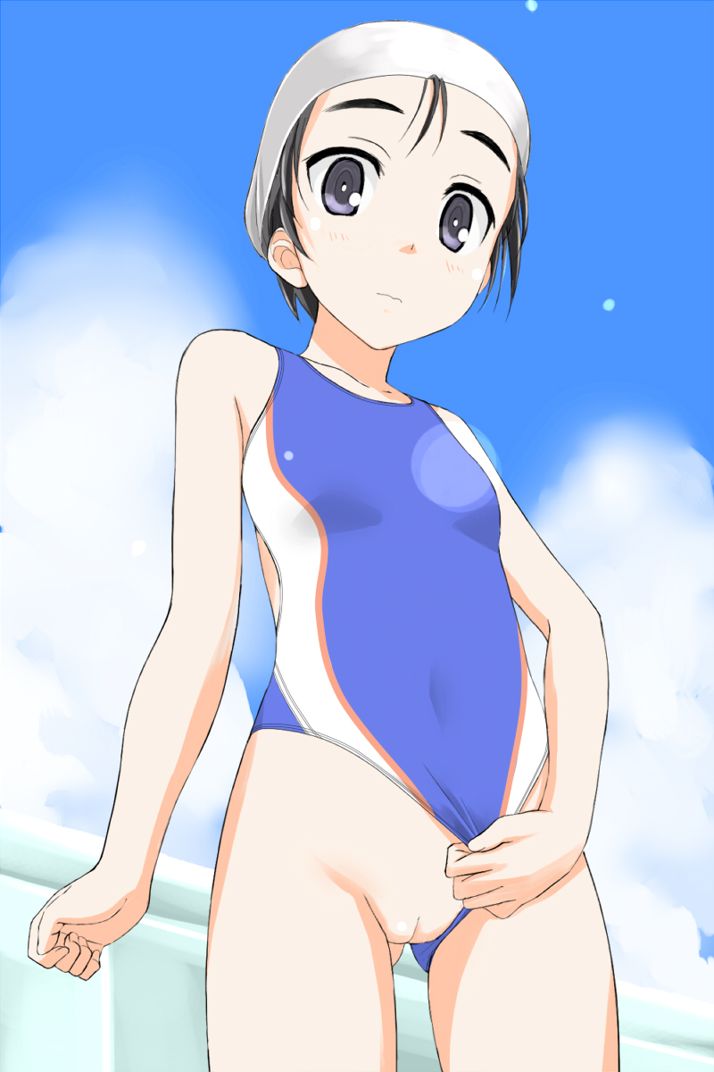 black_hair female female looking_at_viewer original outdoors purple_eyes pussy short_hair solo standing swimsuit swimsuit_aside takafumi uncensored