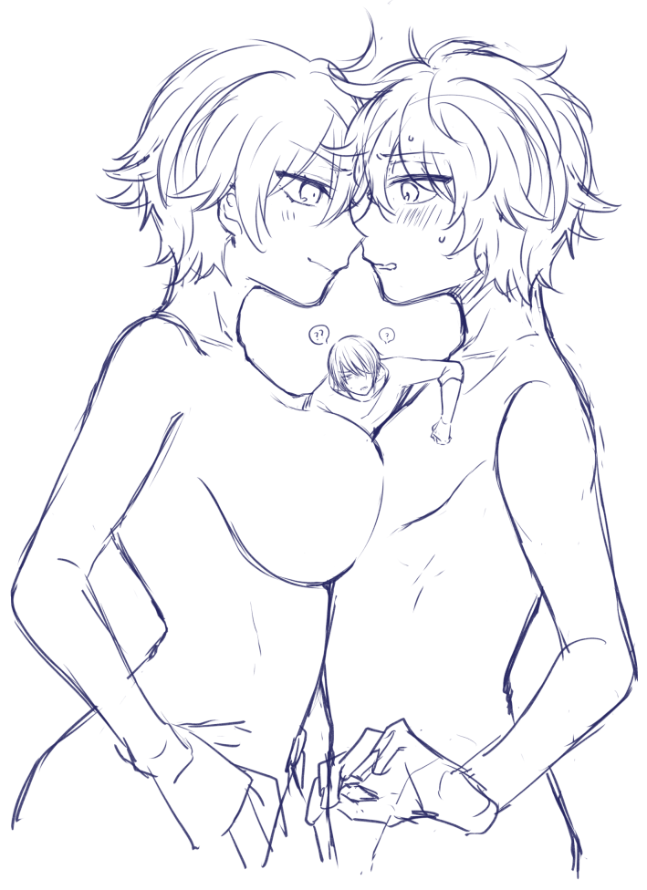 1girls 2boys big_breasts blush breast_press canon_genderswap completely_nude dual_persona female genderswap_(mtf) ginko_sakata gintama gintoki_sakata looking_at_another male miniboy monochrome nervous nude profile rule_63 short_hair side_view sketch smile sweat takasugi_shinsuke very_short_hair yunfa