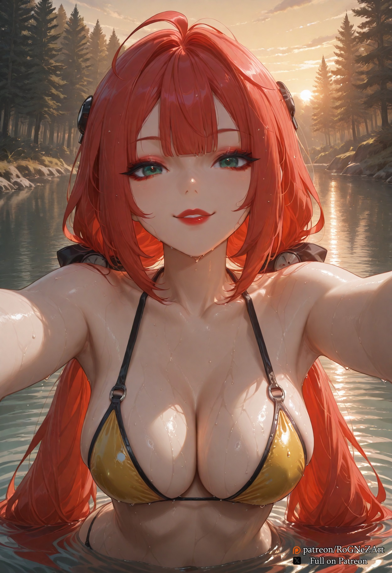 2025, ahoge, ai generated, bangs, bikini, breasts, cleavage, collarbone, female, female focus, female only, green eyes, hoyoverse, large breasts, lips, lipstick, long hair, looking at viewer, low twintails, makeup, mihoyo, navel, outdoors, outstretched arms, parted lips, partially submerged, red hair, rognezart, sky, smile, solo, swimsuit, tree, twintails, ukinami yuzuha, upper body, very long hair, water, wet, yellow bikini, zenless zone zero