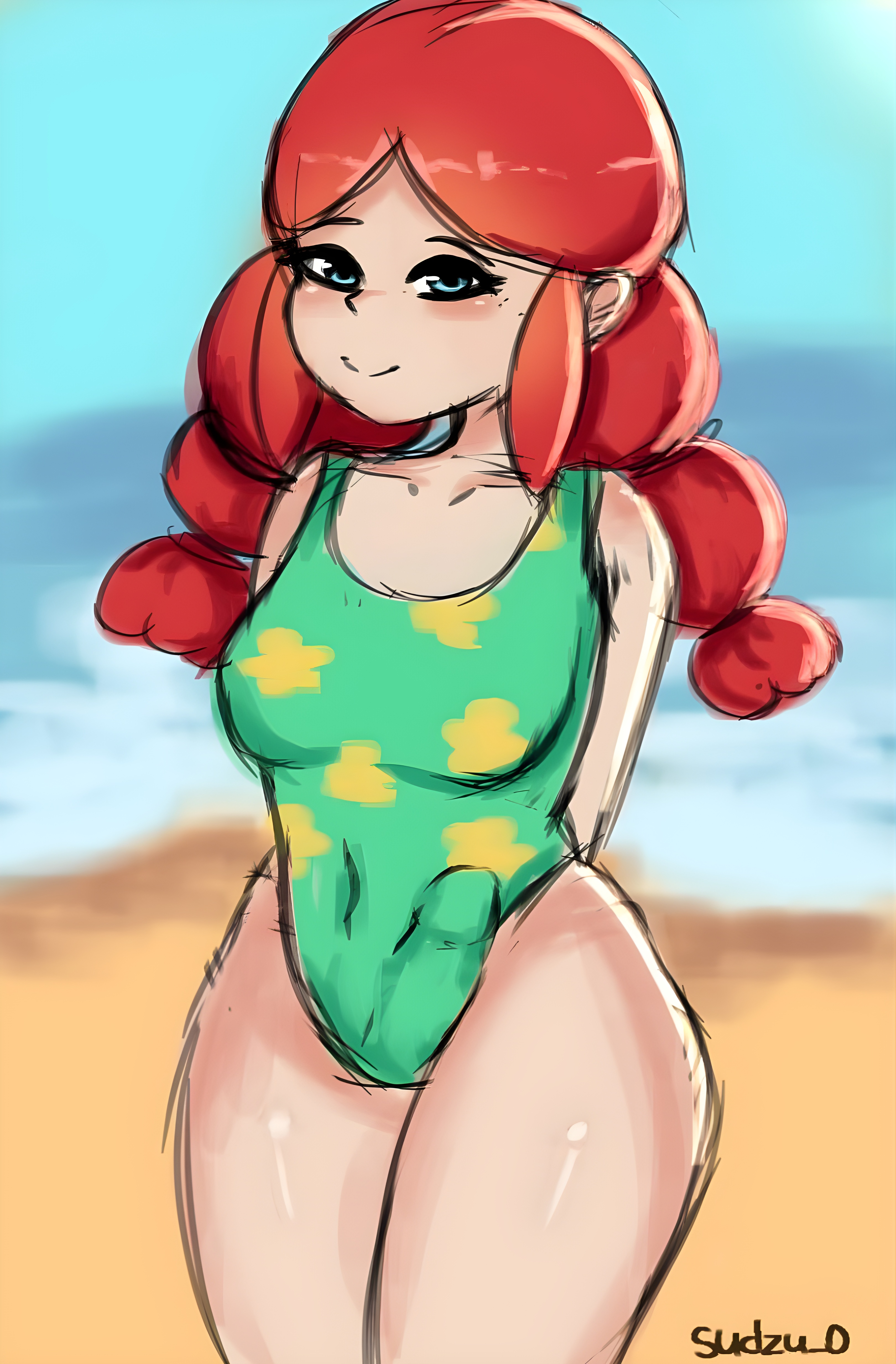 beach, blue eyes, brawl stars, breasts, erection, erection under clothes, futanari, hi res, intersex, jessie (brawl stars), medium breasts, no text, red hair, summer jessie (brawl stars), swimsuit