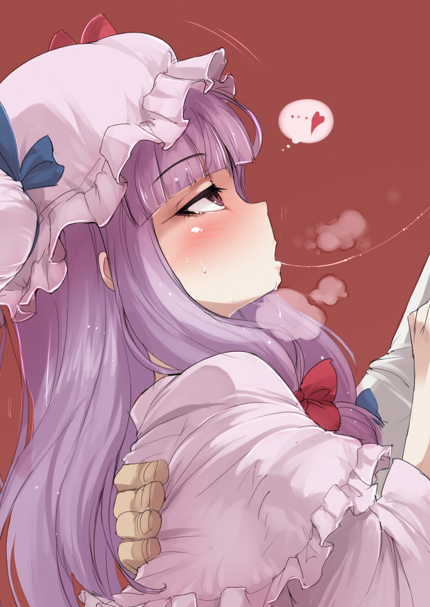 1girls, after kiss, ario, blush, female, hat, patchouli knowledge, purple hair, saliva string, saliva trail, spoken heart, tagme, thought bubble, touhou