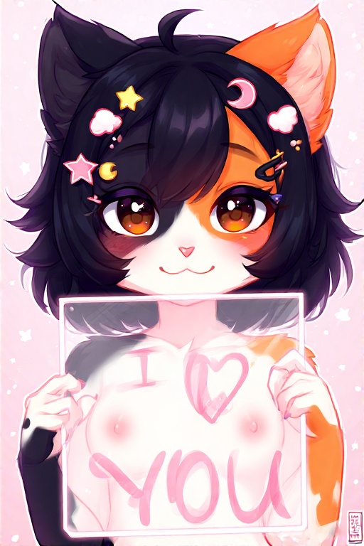 ai_generated anthro anthro_cat breasts cat_ears catgirl happy sign text topless