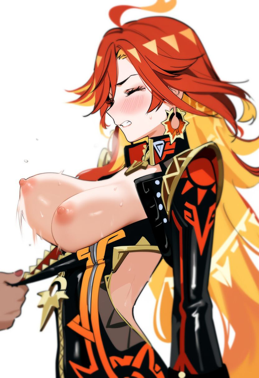 1girls, ai generated, blush, blushing, bouncing breasts, breasts, breasts out, closed eyes, earrings, embarrassed female, erect nipples, exposed breasts, female, genshin impact, gritted teeth, hoyoverse, humiliation, latex bodysuit, long orange hair, mavuika (genshin impact), mihoyo, nipples, top pulled down, white background, zipper