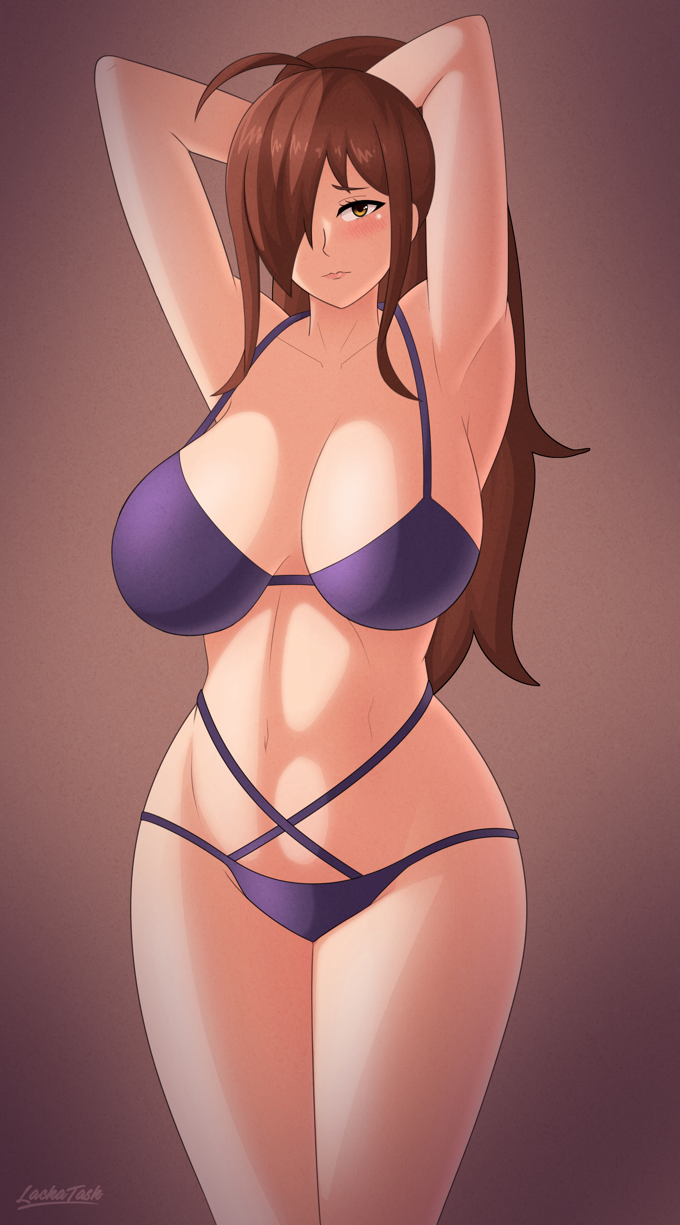 1girls, alternate version available, big breasts, blush, bottomwear, bra, breasts, brown hair, cleavage, female, female only, hair, hair over one eye, hands behind head, hips, huge breasts, kono subarashii sekai ni shukufuku wo!, lackatask, panties, purple bra, purple panties, solo, solo female, thighs, topwear, wiz (konosuba), yellow eyes