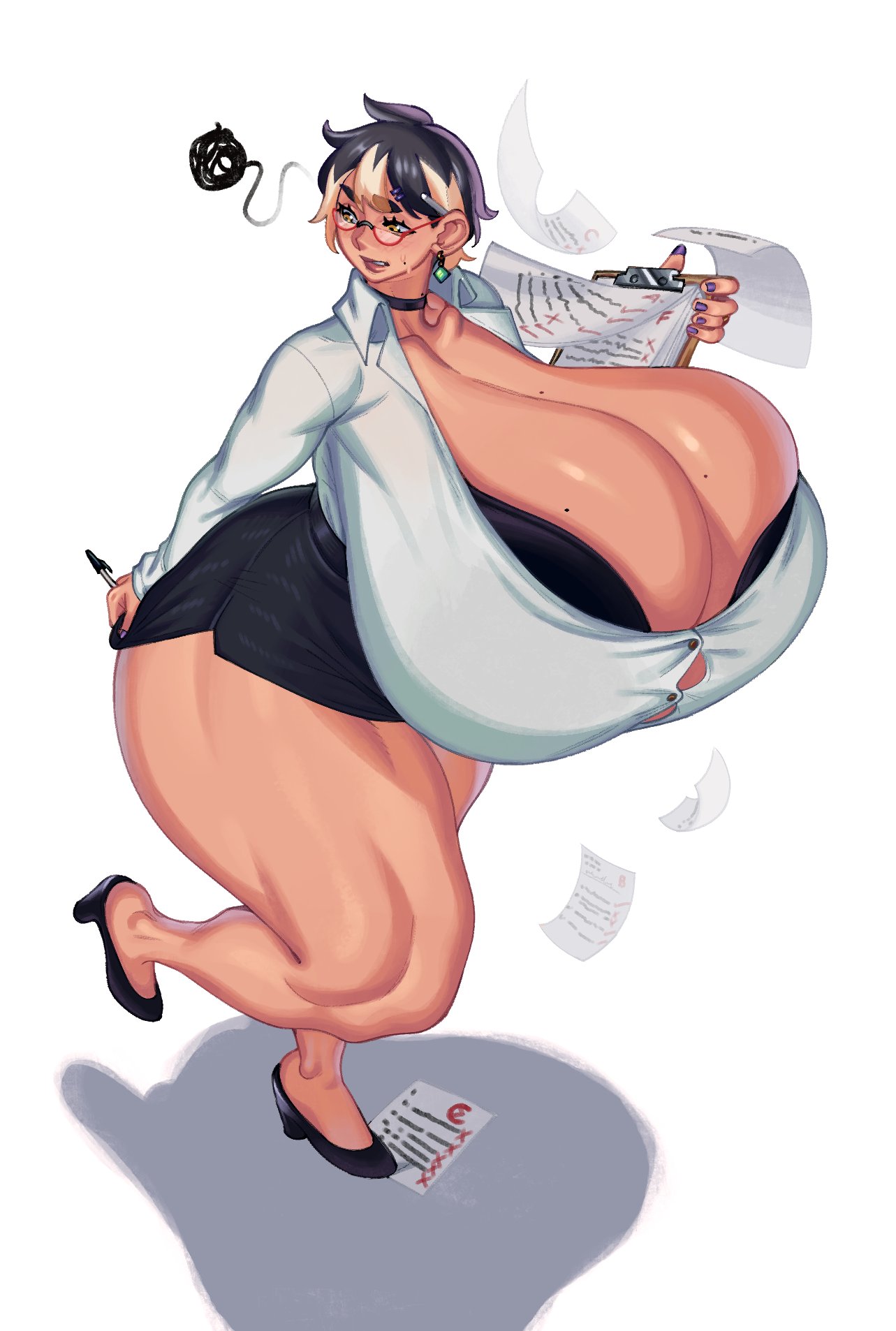 1girls, 2025, 2d, amber eyes, amber morrigan (mertius), black hair, blonde hair, breasts, busty, button gap, choker, clipboard, clothed, clothing, earrings, female, female only, fully clothed, glasses, hair, huge breasts, human, light skin, light-skinned female, mertius, mole, mole on breast, oc, original character, painted nails, plain background, short hair, simple background, solo, solo female, teacher, thick thighs, thighs, two-tone hair, white background, wide hips