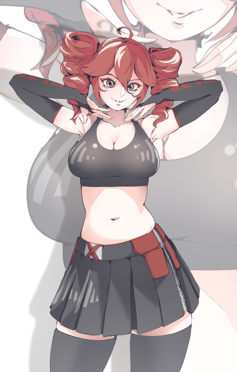 1girls 2d 2d_(artwork) absolute_territory ahoge armpits arms_up armwear belly big_breasts breasts cleavage exposed_belly exposed_torso female female_only kasane_teto kasane_teto_(voicepeak) large_breasts mandragora_(artist) navel red_eyes red_hair skirt sports_bra thick_thighs thighhighs thighs topwear twin_drills utau voicepeak white_background wide_hips