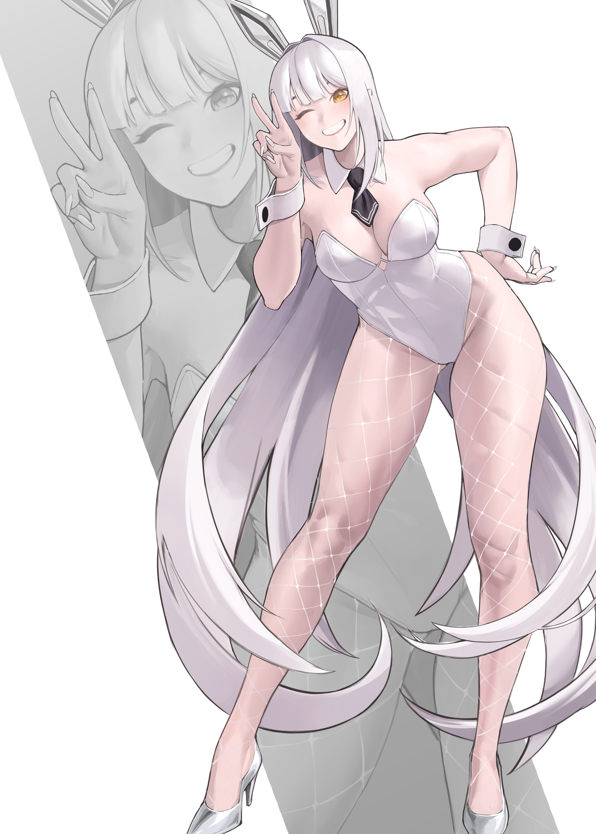 1girls, blanc (nikke), breasts, bunny ears, bunny girl, bunnysuit, female, female focus, female only, fishnets, goddess of victory: nikke, gold eyes, high heels, light, light skin, light-skinned female, long hair, medium, medium breasts, peace sign, smile, smiling, smiling at viewer, solo, solo female, thighs, tie, white clothing, white footwear, white hair, yellow eyes, zukululuu
