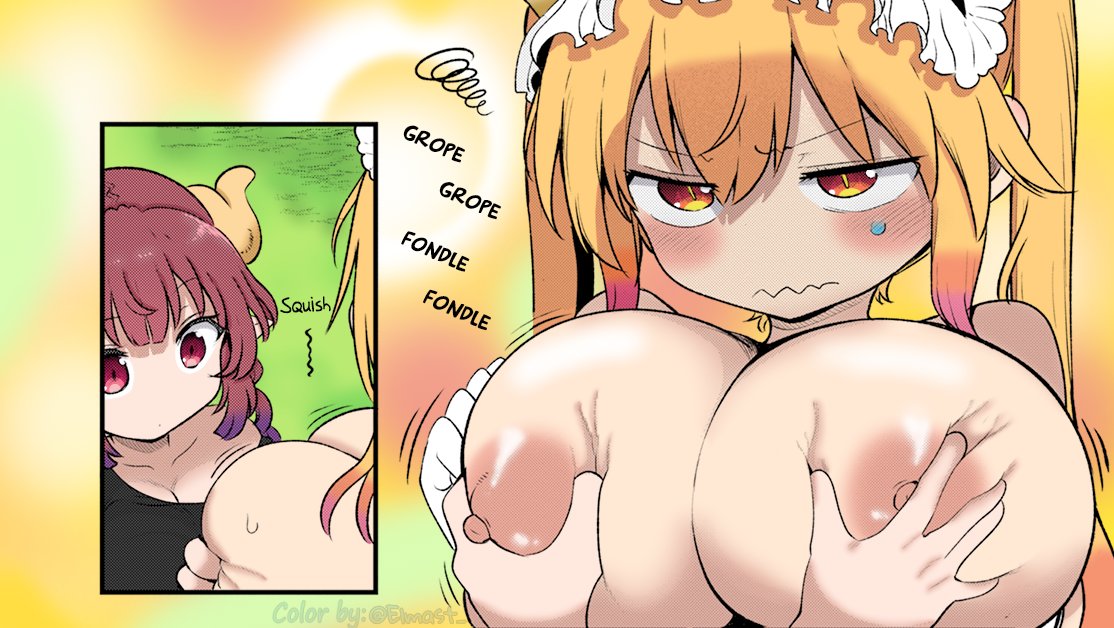 2girls, big breasts, breast squeeze, breasts, breasts focus, colored, cool-kyou shinja, dragon girl, elmast , english text, female, female only, groping breasts, ilulu (dragon maid), maid headdress, manga style, miss kobayashi's dragon maid, official art, staring at breasts, tohru (dragon maid)