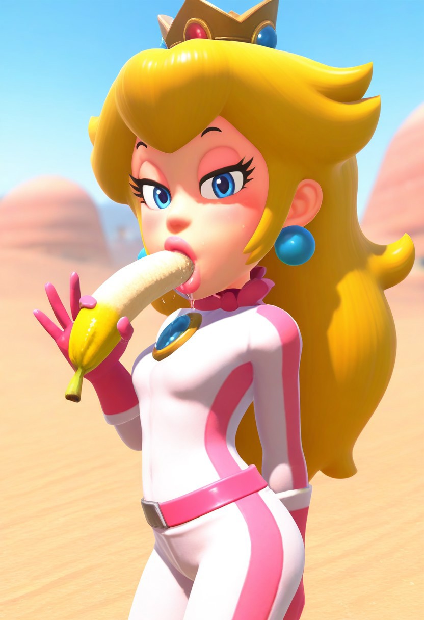 1girls, 2025, 3d, ai generated, background, banana, blonde hair, blue eyes, canyon, civitai, crown, d3rmal, desert, earrings, enjoying, fellatio gesture, female, half-closed eyes, holding object, horny, licking, lips, long hair, looking at viewer, mario (series), mario kart world, naughty face, nintendo, princess peach, racing suit, saliva, saliva trail, seductive, seductive look, solo, suggestive, tagme