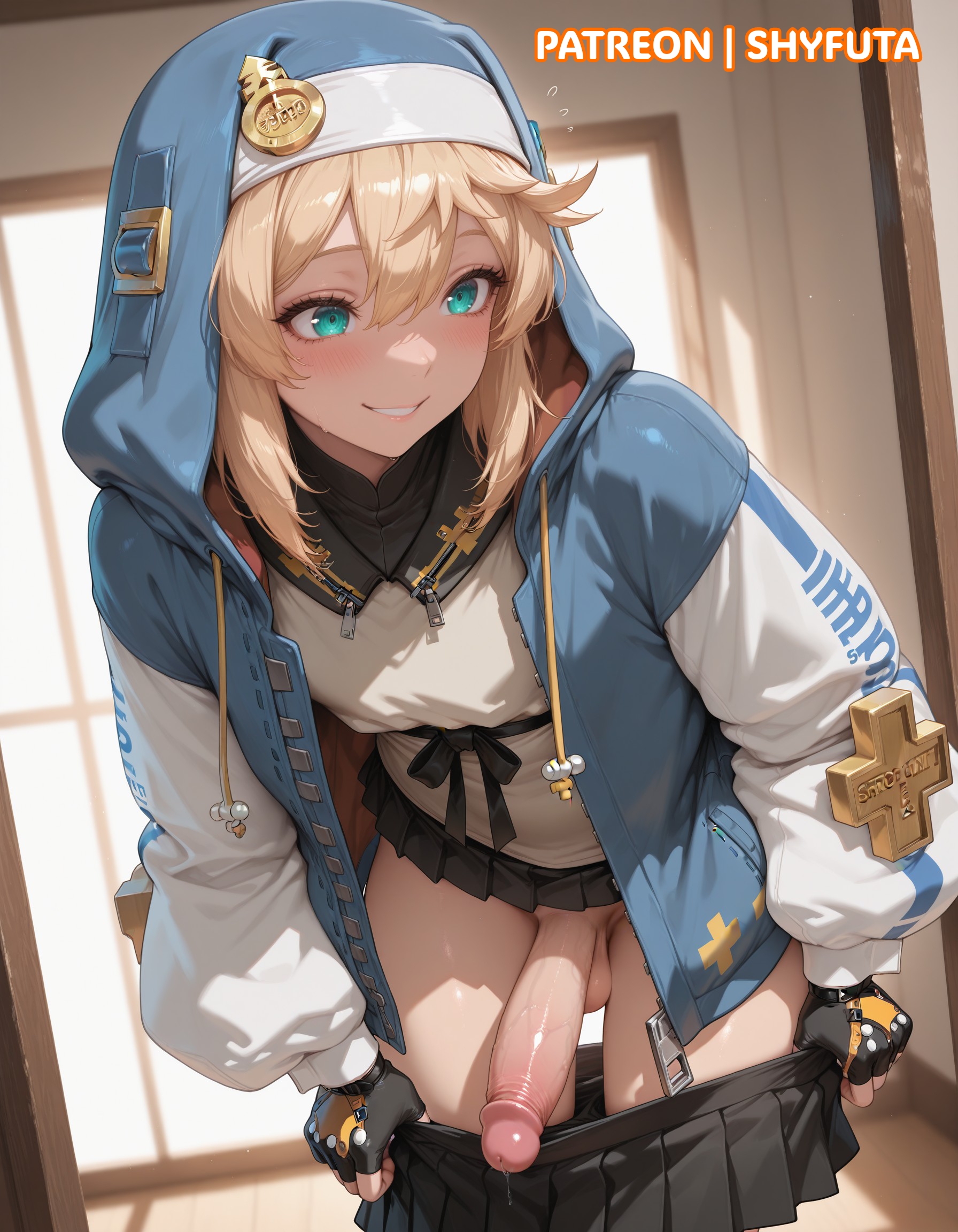 1boy, 1femboy, 2025, ai generated, balls, bangs, bending forward, big penis, blonde hair, blue eyes, blush, blush lines, bridget, cock, dick, femboy, flat chest, girly, guilty gear, hair between eyes, jacket, light skin, male, male only, otoko no ko, patreon, patreon username, penis, shyfuta, skirt, skirt down, smile, smiling, solo, solo focus, stable diffusion, testicles, thighs, trap