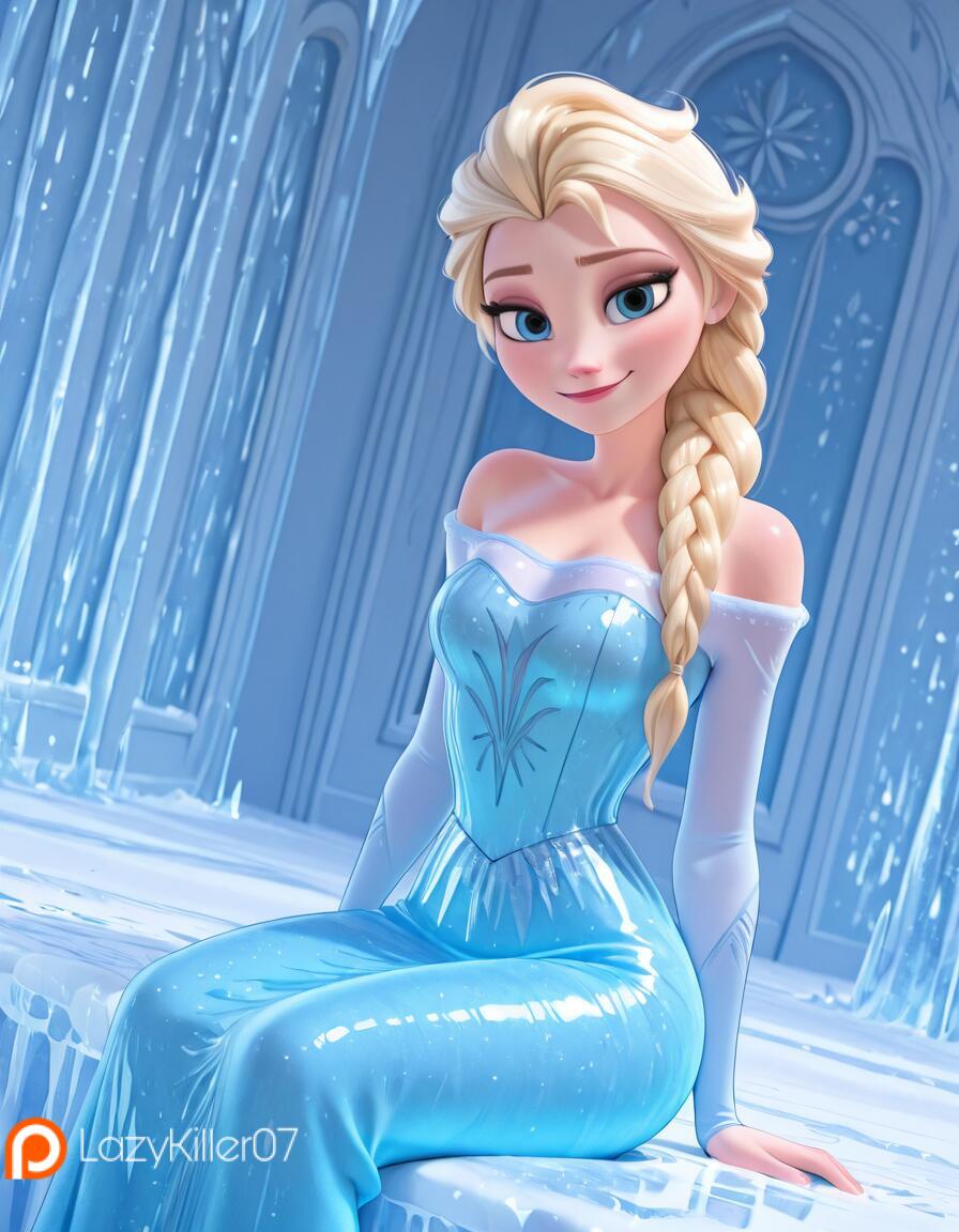 1girls ai_generated ass blonde_hair blowing_kiss blue_dress blue_eyes disney disney_princess elsa_(frozen) frozen_(film) laying lazykiller07 long_hair red_lipstick seductive_look sleeves smile solo thighs