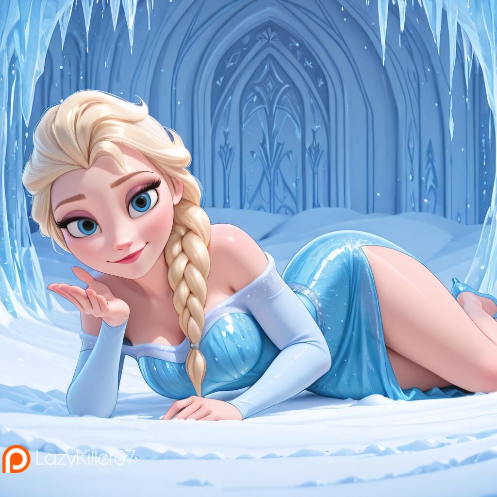 1girls ai_generated ass blonde_hair blowing_kiss blue_dress blue_eyes disney disney_princess elsa_(frozen) frozen_(film) laying lazykiller07 long_hair red_lipstick seductive_look sleeves smile solo thighs