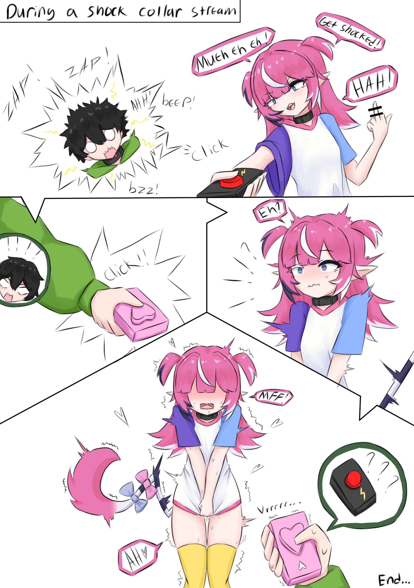 1boy, 1girls, black hair, blush, camila (vtuber), collar, female, imp, indie virtual youtuber, laughing, light skin, light-skinned female, light-skinned male, long hair, male, pink hair, pointy ears, pussy, shock collar, sweat, sweatdrop, sweating, szpecter, t-shirt, tail, thighhighs, two-tone hair, vedal987, vibrator, vibrator in pussy, virtual youtuber, vtuber, vtuberfanart