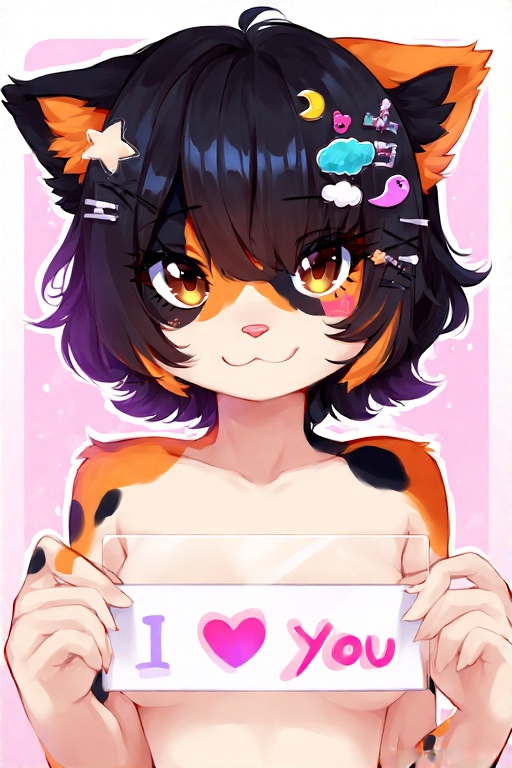 ai_generated anthro anthro_cat breasts calico_cat cat_ears catgirl sign text