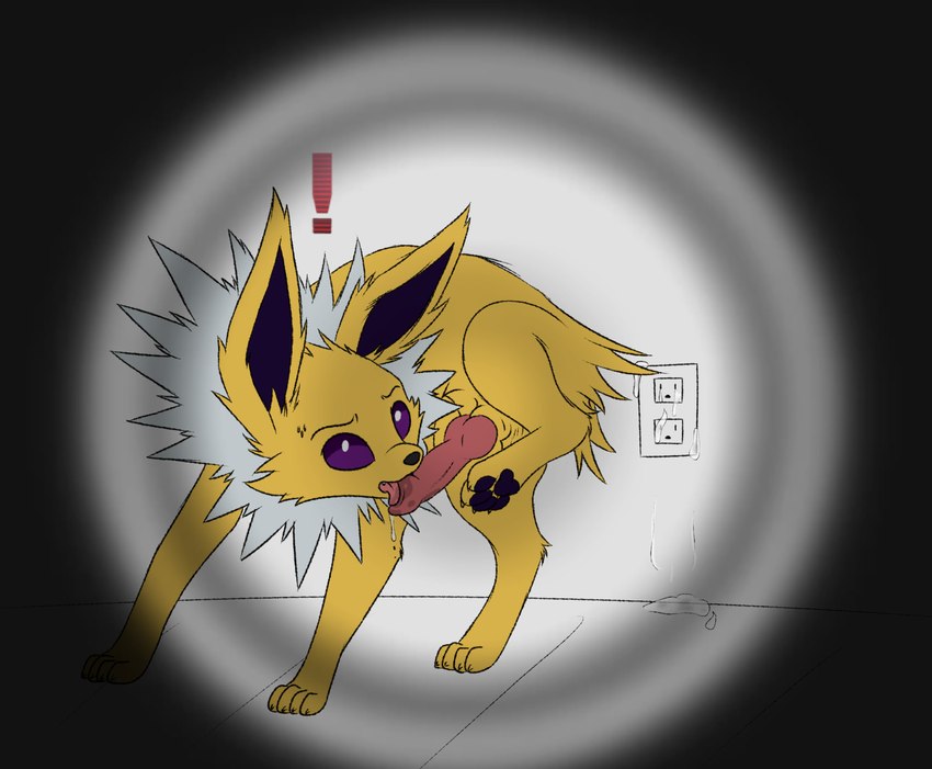 1boy, absurd res, animal genitalia, animal penis, auto penis lick, autofellatio, balls, bodily fluids, canid, canine, canine genitalia, canine penis, caught in the act, caught masturbating, cum, cum on wall, digital media (artwork), eeveelution, erection, exclamation point, feet, feral, first person view, fur, generation 1 pokemon, genital fluids, genitals, hi res, hindpaw, jolteon, knot, knotted penis, licking, male, male jolteon, mammal, masturbation, nintendo, nude, oral, oral masturbation, pawpads, paws, penile, penile masturbation, penis, pokemon, pokemon (species), raised leg, self lick, sheath, simple background, sketch, solo, solo male, tongue, whyvern, yellow body, yellow fur, yellow sheath