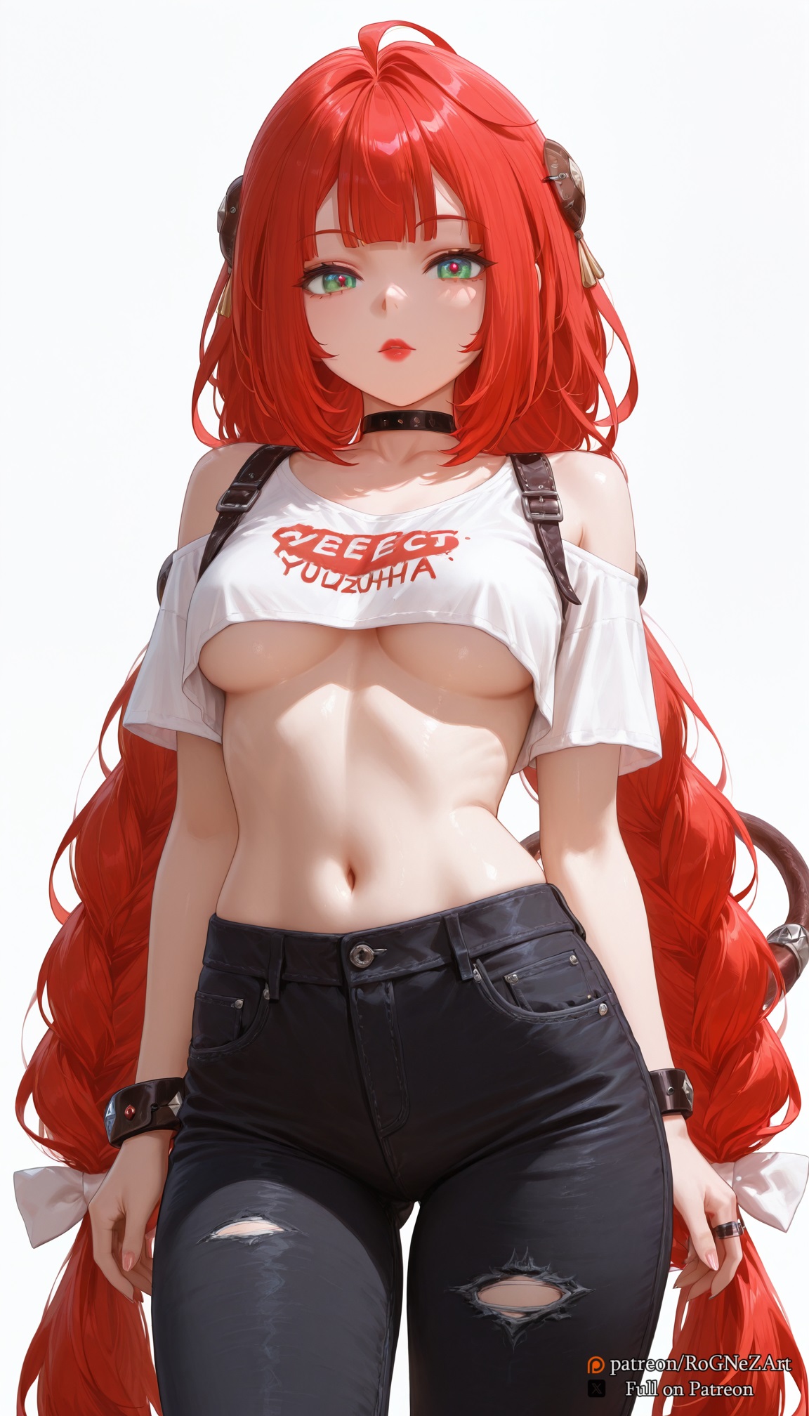 2025, ahoge, ai generated, alternate costume, arms at sides, bag, bangs, bare shoulders, black choker, black pants, bow, bracelet, braid, breasts, choker, clothes writing, collarbone, crop top, crop top overhang, denim, female, female focus, female only, green eyes, hair ribbon, horns, hoyoverse, jeans, jewelry, lipstick, long hair, looking at viewer, makeup, medium breasts, midriff, mihoyo, navel, off shoulder, off-shoulder shirt, pants, parted lips, red hair, red lips, ribbon, ring, rognezart, shirt, short sleeves, simple background, solo, standing, stomach, tail, torn clothes, torn jeans, torn pants, twin braids, twintails, ukinami yuzuha, underboob, very long hair, white background, white bow, white ribbon, white shirt, wristband, zenless zone zero