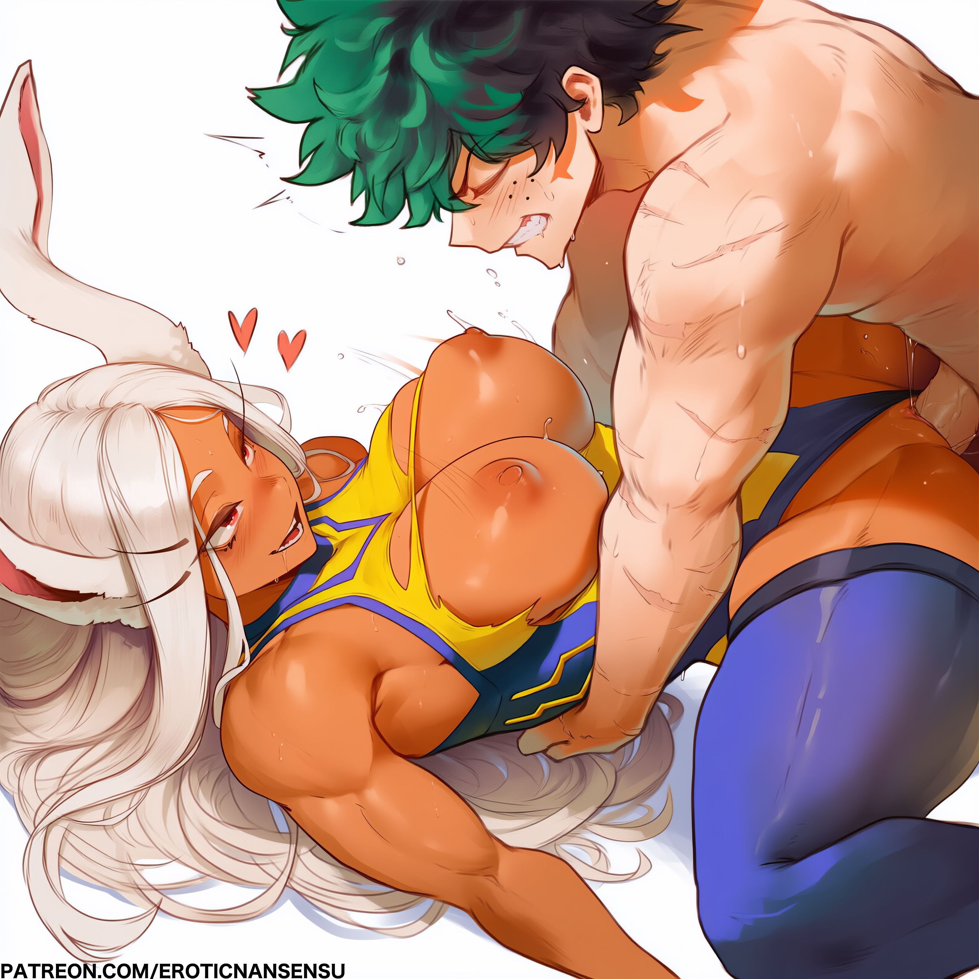 1boy, 1girls, 2d, ai assisted, ai generated, big breasts, breasts, dark-skinned female, digital drawing (artwork), erotic nansensu, female, izuku midoriya, love hearts, male, miruko, missionary position, missionary sex, my hero academia, raw sex, rumi usagiyama, sex, spread legs, thick thighs, thighhighs, torso grab, vaginal penetration, white hair
