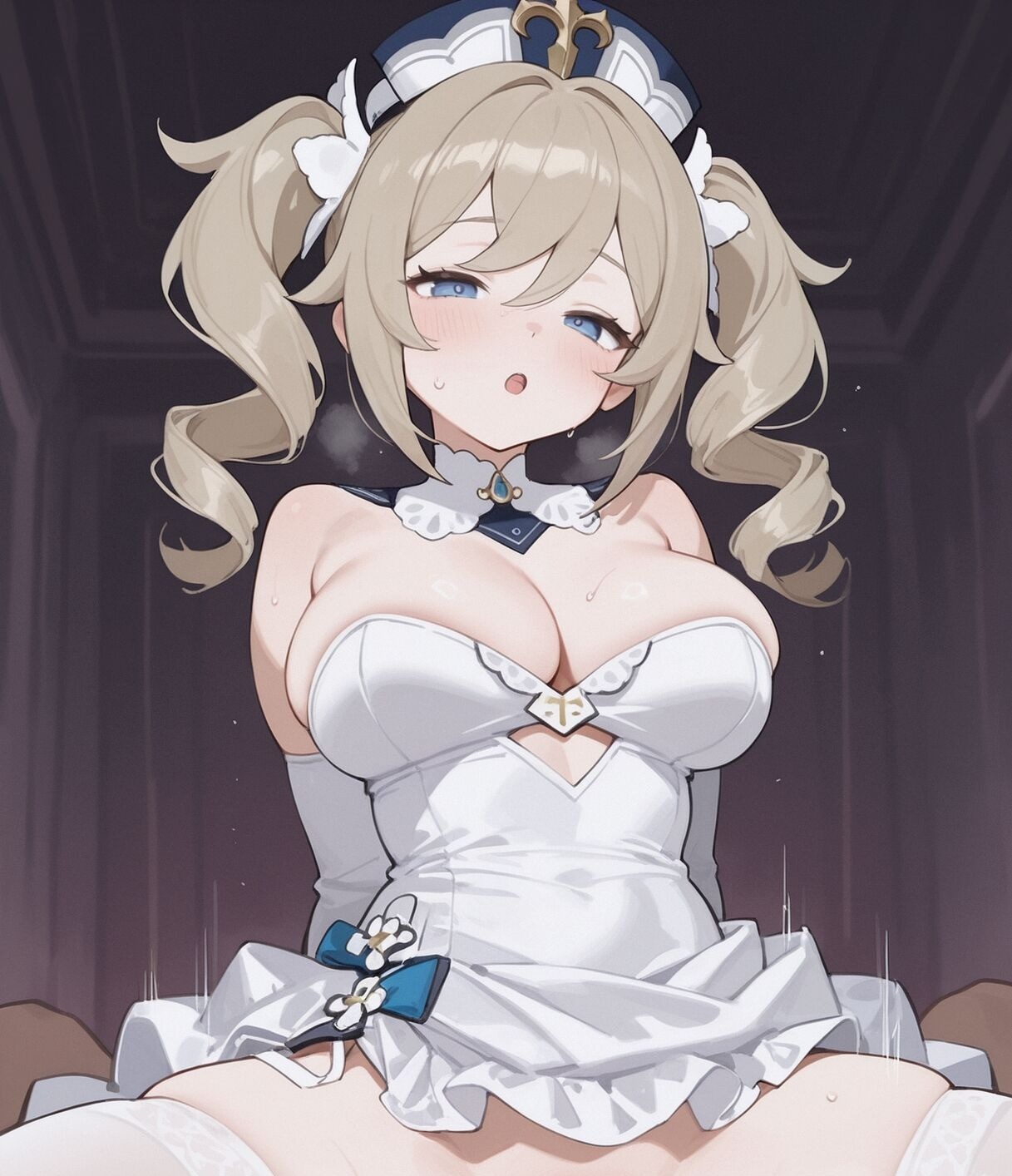 1girls, ai generated, barbara (genshin impact), blonde hair, dmk meow, female, genshin impact, implied penetration, implied sex, open mouth, straight, wedding, wedding dress