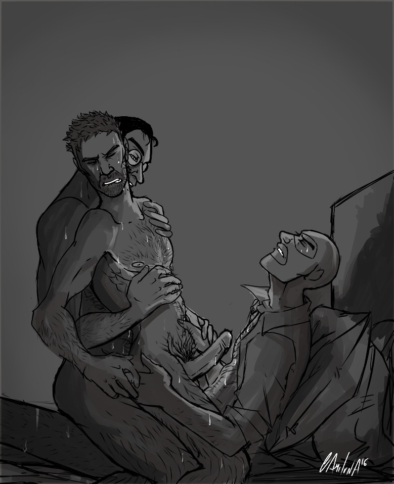 anal anal_sex balaclava camiluna27 chest_hair cowgirl_position double_penetration gay gay_sex greyscale medic_(team_fortress_2) sniper_(team_fortress_2) spy_(team_fortress_2) sweat team_fortress_2 threesome yaoi