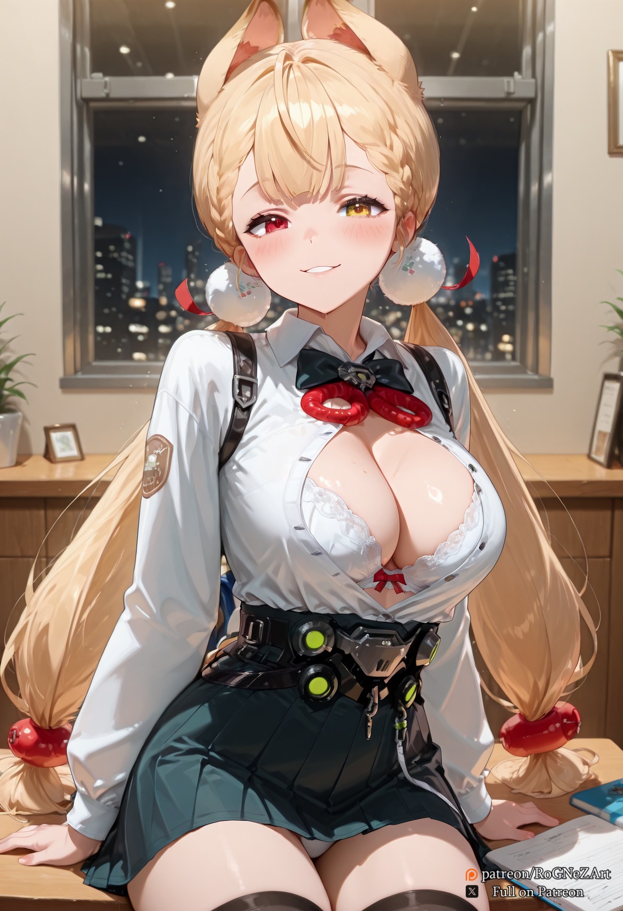 2025, ai generated, alice thymefield, animal ears, arm support, bangs, black bow, black bowtie, black skirt, black thighhighs, blonde hair, blush, bow, bowtie, bra, braid, breasts, cleavage, collared shirt, desk, female, female focus, female only, grin, hair bobbles, hair ornament, heterochromia, hoyoverse, indoors, large breasts, long hair, long sleeves, looking at viewer, low twintails, mihoyo, miniskirt, night, on desk, open clothes, open shirt, panties, pantyshot, parted lips, partially unbuttoned, pleated skirt, pom pom hair ornament, red eyes, rognezart, shirt, sitting, skirt, smile, solo, thighhighs, twintails, underwear, very long hair, white bra, white panties, white shirt, window, yellow eyes, zenless zone zero