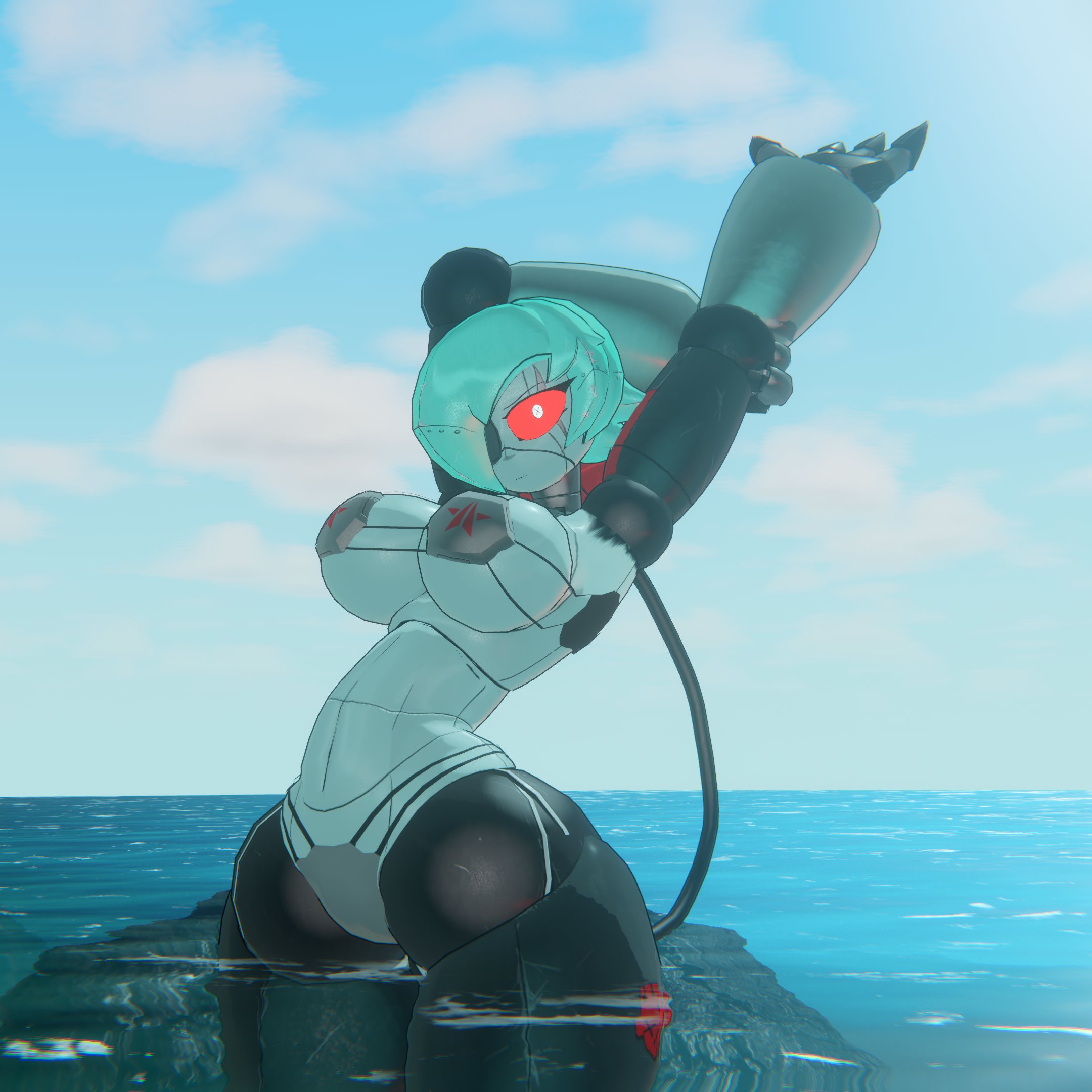 automaton (helldivers), bikini, blue hair, commissar-chan (arzyparzy), eyepatch, female, helldivers, jallerarts, looking at viewer, red eyes, robot girl, tail, wide hips
