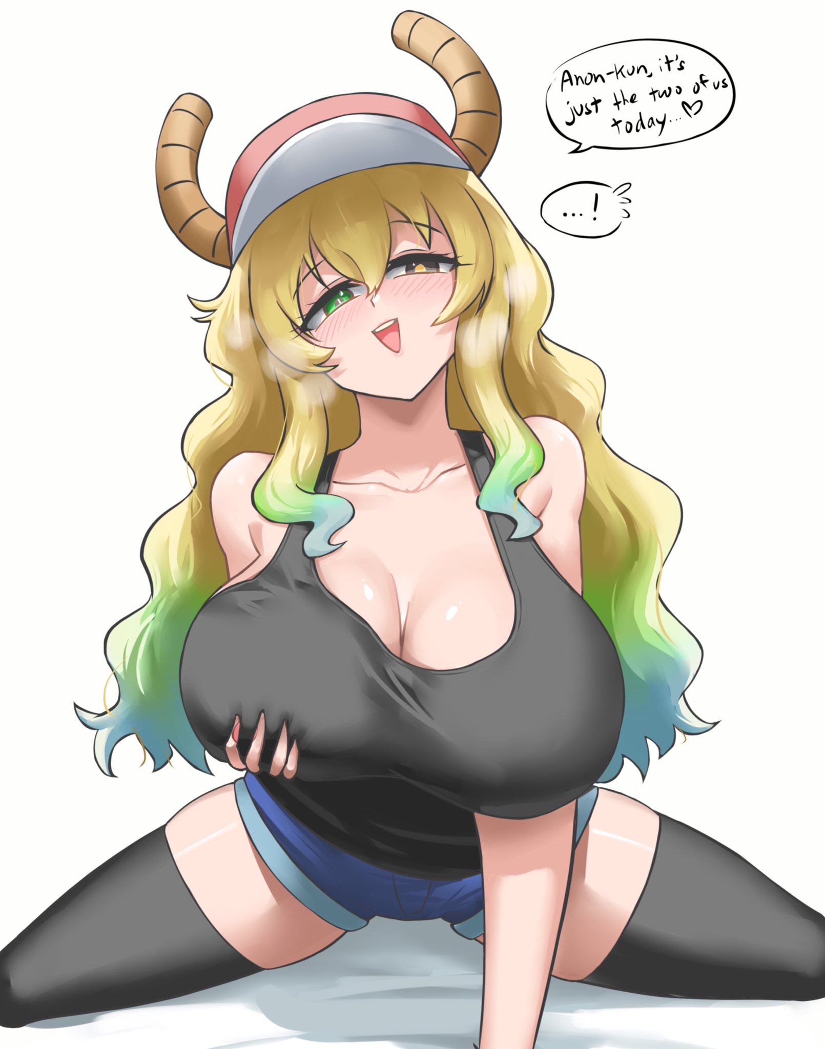 1girls, baseball cap, blonde hair, blue highlights, breasts, burnt green tea, busty, cleavage, english text, female, green highlights, heterochromia, horns, huge breasts, jean shorts, light skin, light-skinned female, looking at viewer, lucoa, lucoa (maidragon), miss kobayashi's dragon maid, quetzalcoatl (dragon maid), speaking to viewer, speech bubble, thighhighs, thighs, white background
