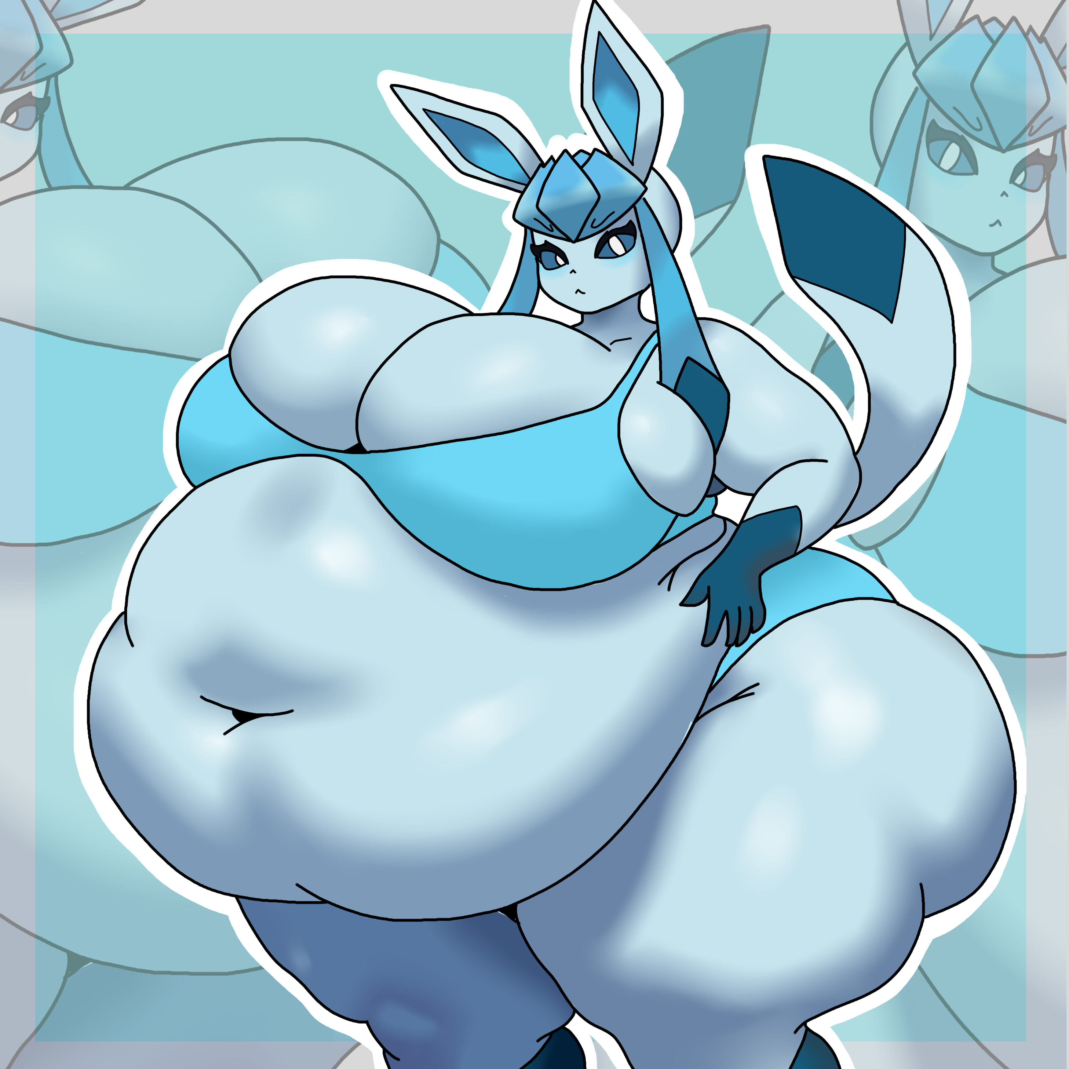 1girls, 5 fingers, anthro, ass, bbw, belly, belly overhang, big belly, big breasts, blue body, blue hair, blue sclera, blush, booty shorts, bra, breasts, chubby, chubby female, cleavage, eeveelution, eyelashes, fat, fat ass, fat female, fatfur, female, female only, furry, game freak, glaceon, gloves (marking), grabbing belly, love handles, midriff, muffin top, navel, nintendo, obese, overweight, overweight female, pokémon (species), pokemon, pokemon (species), pork chop, pout, pouting, raised tail, shorts, skinny face, slight blush, socks (marking), solo, sports bra, supbunny ly, tail, thick thighs, three-quarter portrait, three-quarter view, two-tone body, white eyes, yapbunny