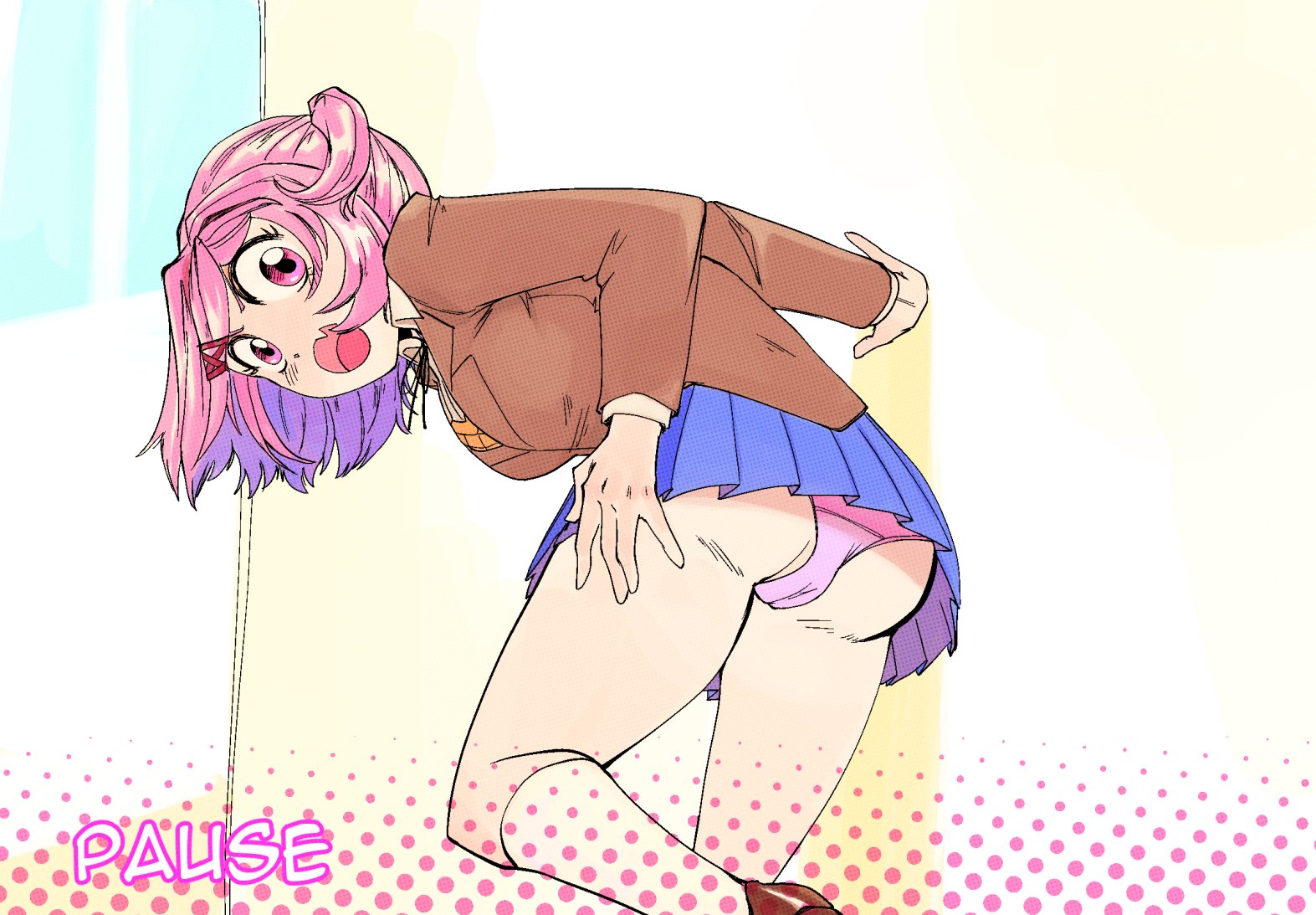 1girls, box chan, doki doki literature club, female, female only, flesh fang, fully clothed, imminent sex, natsuki (doki doki literature club), oerba yun fang, open mouth, panties, paused, pink eyes, pink hair, pink panties, school uniform, schoolgirl, schoolgirl uniform, solo, upskirt