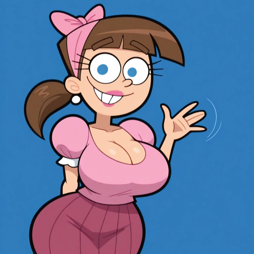 accurate_art_style aged_up ai_generated big_breasts blue_eyes bow brown_hair cleavage curvy_figure headband nickelodeon older ponytail the_fairly_oddparents timantha timmy_turner wide_hips