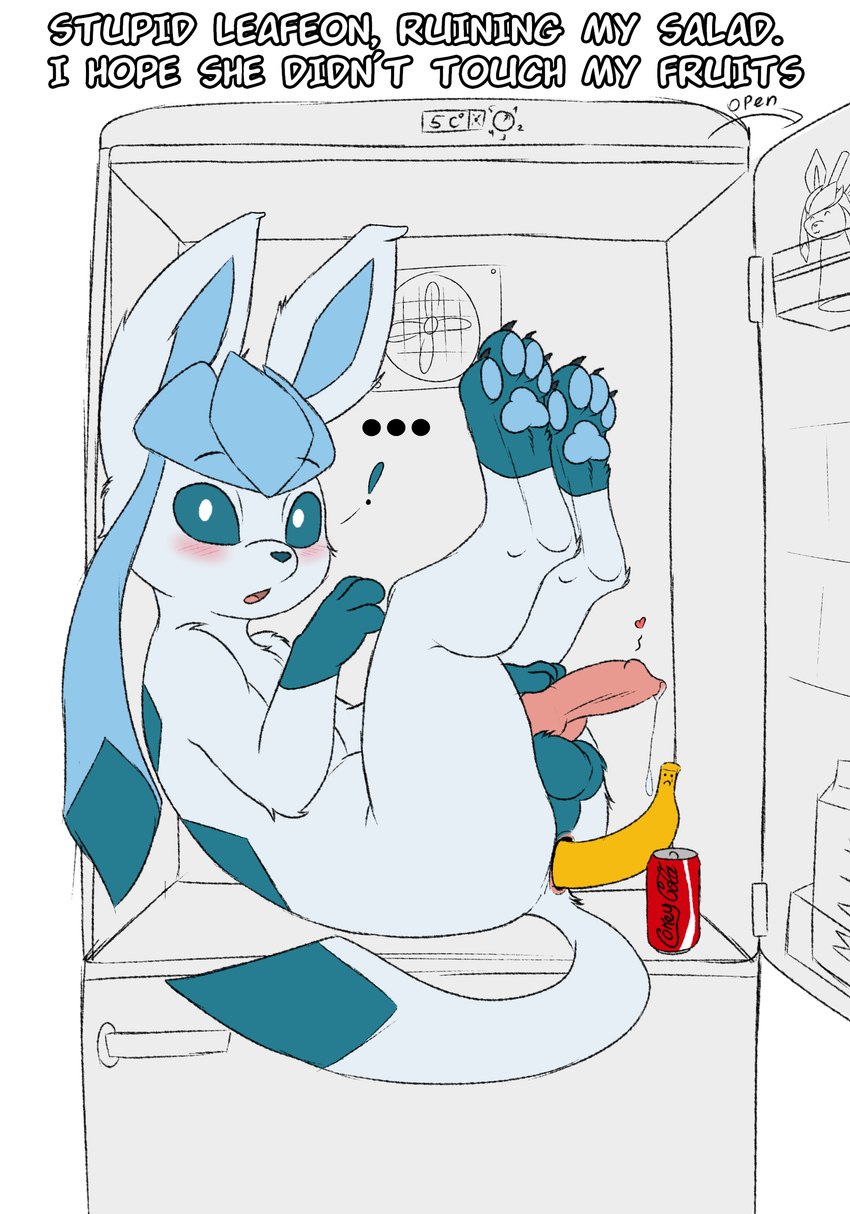 absurd res, anal, anal masturbation, anal sex, animal genitalia, animal penis, anus, appliance, ass, balls, banana, banana in ass, blue body, blush, bodily fluids, canid, canine, canine genitalia, canine penis, caught, caught in the act, caught masturbating, coca-cola, digital media (artwork), eeveelution, english text, erection, feet, feral, first person view, fluffy balls, food, food fetish, food in ass, food insertion, food play, fridge, fruit, fur, generation 4 pokemon, genital fluids, genitals, glaceon, hi res, hindpaw, improvised dildo, improvised sex toy, kitchen appliance, knot, knotted penis, leaking precum, leaned back, legs up, looking at viewer, lying, male, male glaceon, male only, mammal, masturbation, nintendo, on back, open mouth, pawpads, paws, penetration, penis, plant, pokemon, pokemon (species), precum, simple background, sketch, soles, solo, solo male, surprised expression, tail, text, toes, whyvern