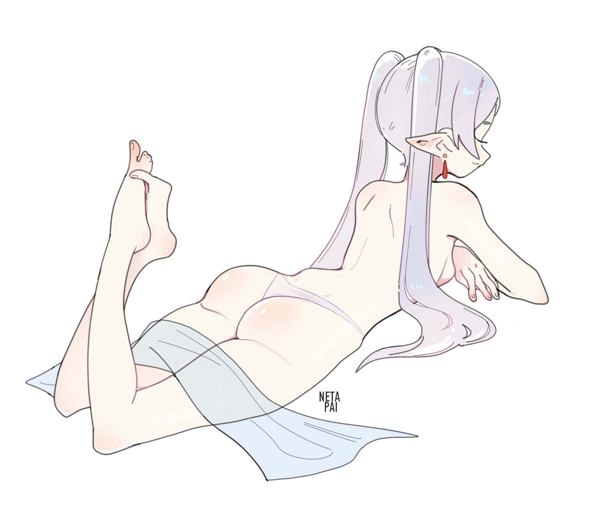 1girls, artist name, ass, back view, breasts, closed eyes, earrings, elf, elf ears, elf female, feet up, female, frieren, half naked, laying on stomach, light skin, light-skinned female, netapai, panties, sideboob, sousou no frieren, twintails, white background, white hair