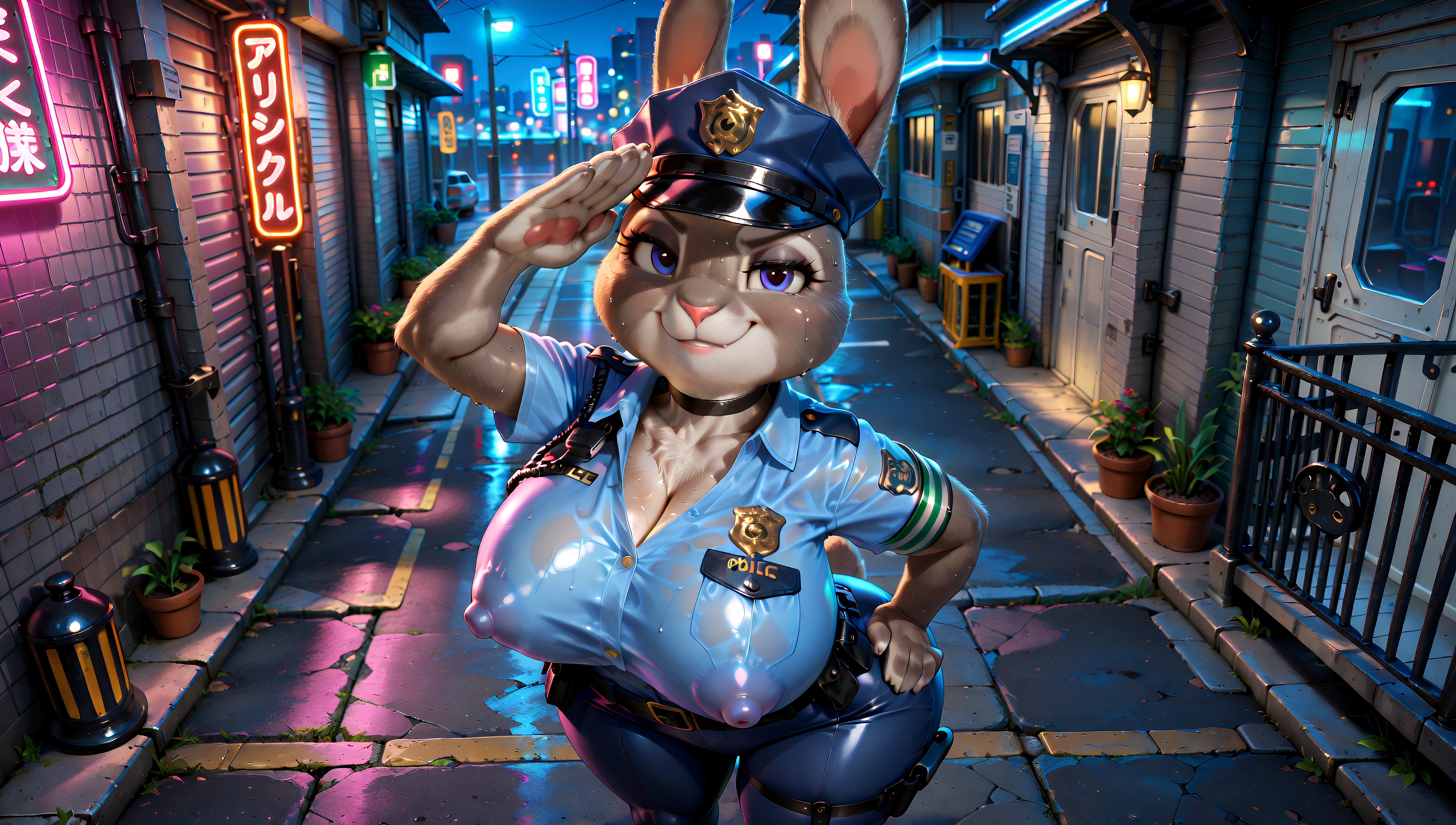 1girls, 2025, 2025s, above view, ai generated, anthro, anthro female, anthrofied, ass, badge, big ass, big breasts, big butt, big thighs, blue eyes, blue sky, bonnie hopps, breasts, bunny, bunny ears, bunny girl, bunny humanoid, bunny tail, butt, choker, chubby, chubby female, disney, erect nipples, eyebrows, eyelashes, female, female anthro, female focus, female only, fully clothed, fur, furry, furry female, hand on hip, hat, headgear, headwear, hi res, high quality, high resolution, highres, huge ass, huge breasts, huge butt, huge thighs, illustrious (stable diffusion), large breasts, large butt, leg belt, looking at viewer, massive ass, massive breasts, massive butt, neon lights, night, night sky, nighttime, nipples, nipples visible through clothing, outdoors, outside, police, police badge, police girl, police hat, police uniform, policewoman, pony diffusion (model), pony diffusion xl, rabbit, rabbit ears, rabbit girl, rabbit humanoid, rabbit tail, salute, sky, smug, solo, solo female, solo focus, stable diffusion, standing, sweat, sweatdrop, synthneon, tail, thick, thick ass, thick butt, thick thighs, thighs, zootopia