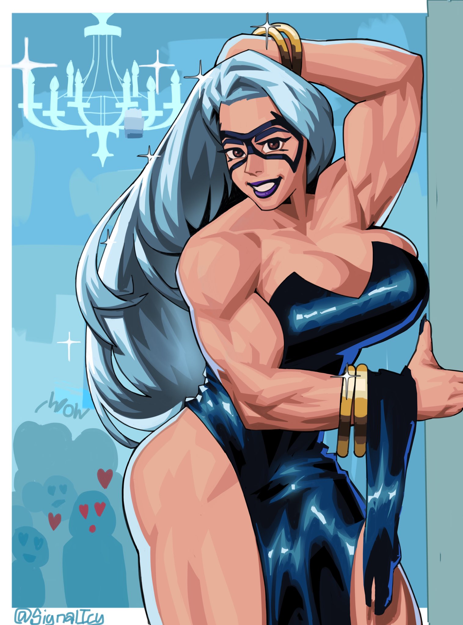 1girls, artist name, big breasts, black cat (marvel), black dress, bracelets, breasts, busty, cleavage, felicia hardy, female, light skin, light-skinned female, marvel, marvel comics, mask, muscular, muscular female, official alternate costume, signalicy, signallcy, smiling, spider-man (series), white hair