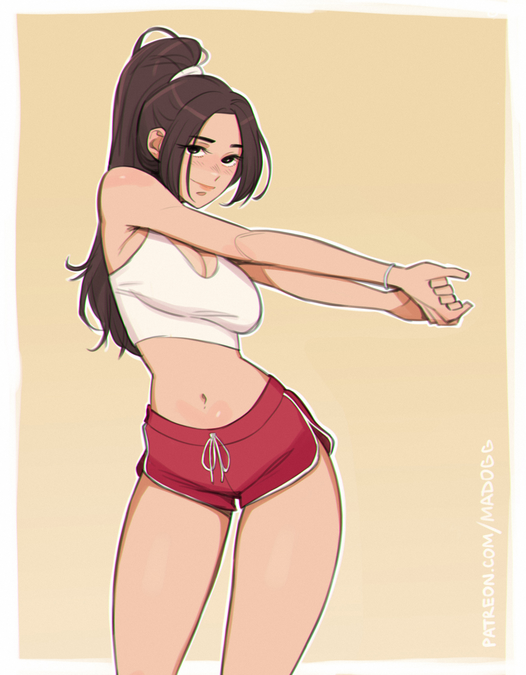 bare shoulders, bracelet, breasts, brown eyes, brown hair, cleavage, clothing, crop top, dolphin shorts, drawstring, fatal fury, female, high ponytail, jewelry, king of fighters, large breasts, lips, long hair, looking at viewer, madogg, mai shiranui, mai shiranui (casual), medium breasts, midriff, navel, parted bangs, ponytail, red shorts, short shorts, shorts, smile, snk, solo, standing, street fighter, street fighter 6, stretching, tank top, thighs, white tank top
