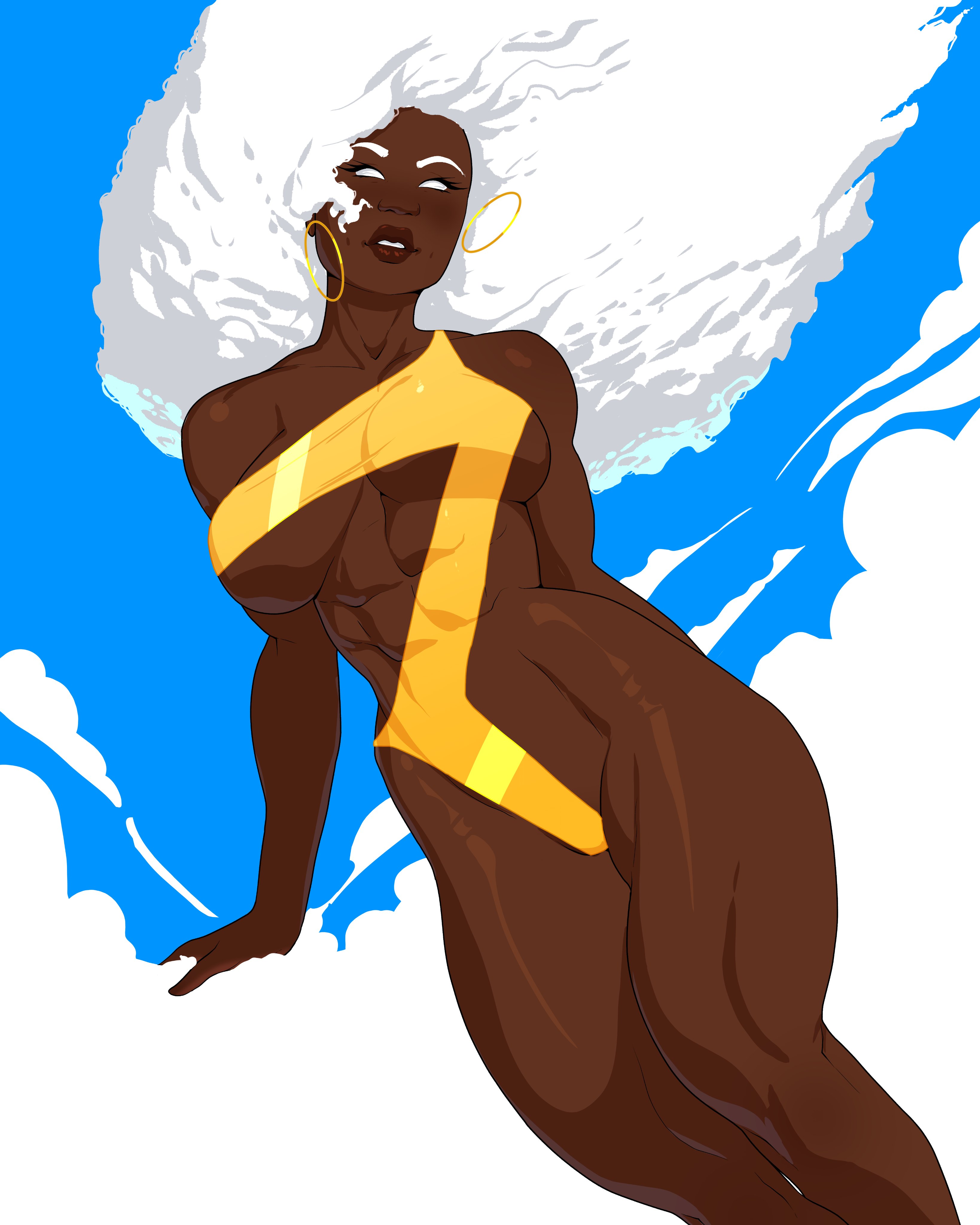 2d, 2d (artwork), abs, big breasts, breasts, dark skin, dark-skinned female, dylan macri, earrings, female, female only, long hair, marvel, marvel comics, ororo munroe, solo, solo female, storm (x-men), swimsuit, thick thighs, thighs, toned, toned female, underboob, white eyes, white hair, x-men