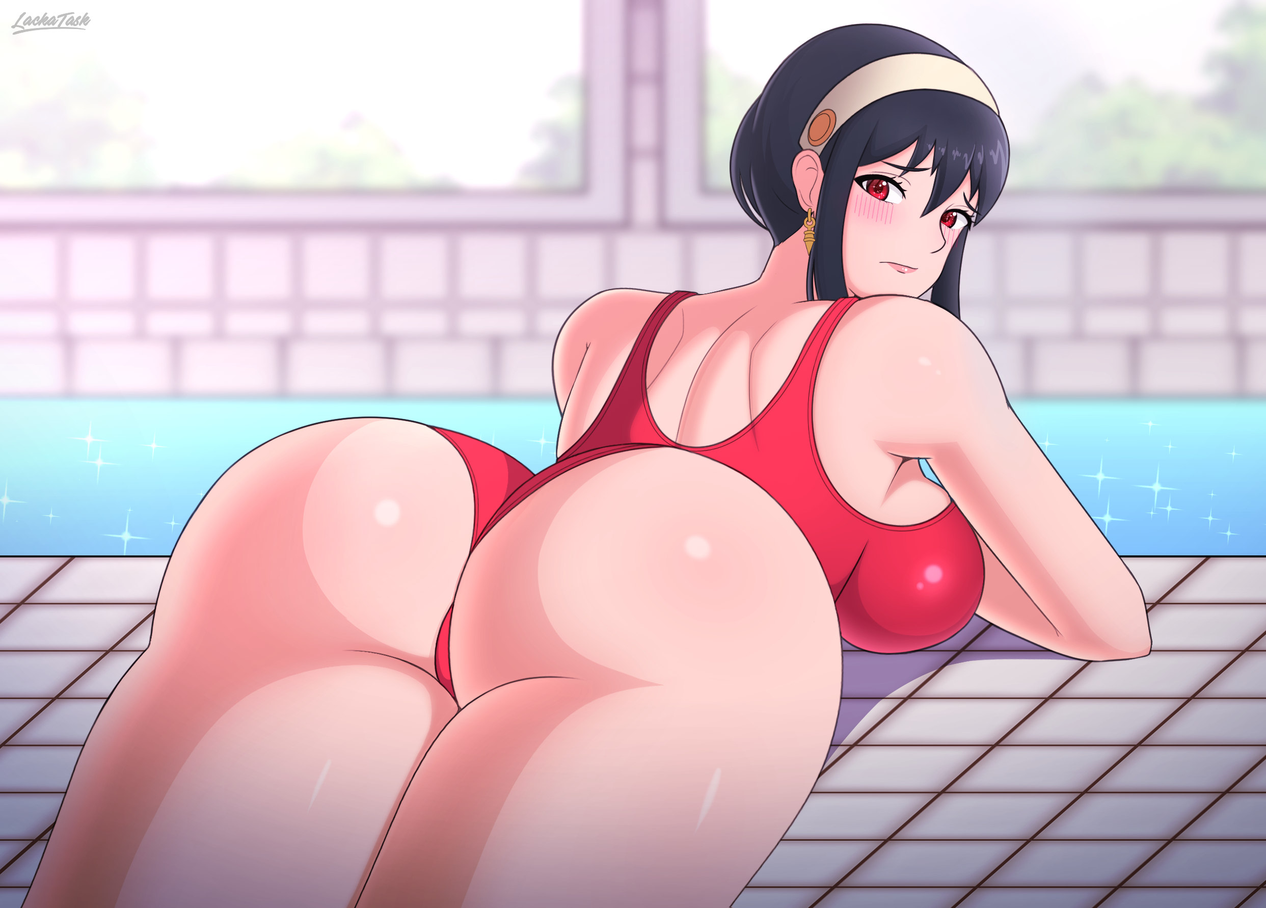 1girls, ass, backboob, big ass, big breasts, black hair, blush, breasts, ear piercing, earrings, female, female only, hair, hair ornament, huge ass, lackatask, looking back, mature, mature female, mature woman, milf, on stomach, poolside, red eyes, red swimsuit, solo, solo female, sparkles, spy x family, swimsuit, swimwear, thighs, yor briar
